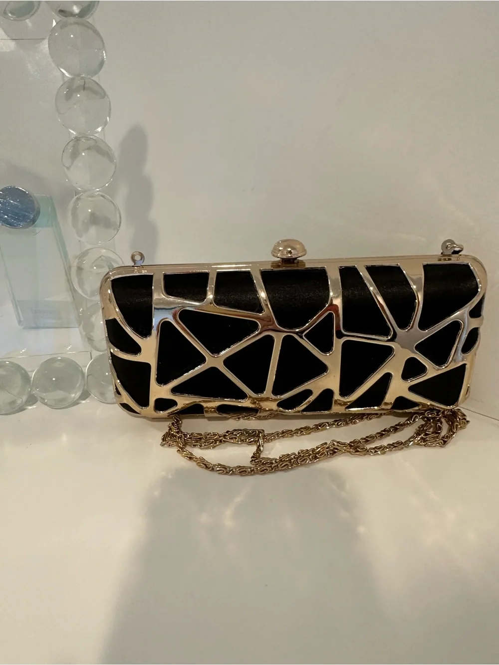Black Geometric Metal-Trim Clutch with Chain